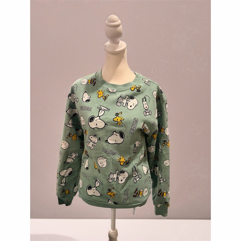 Peanuts Snoopy Woodstock Sweatshirt Womens XS Green All-Over Print